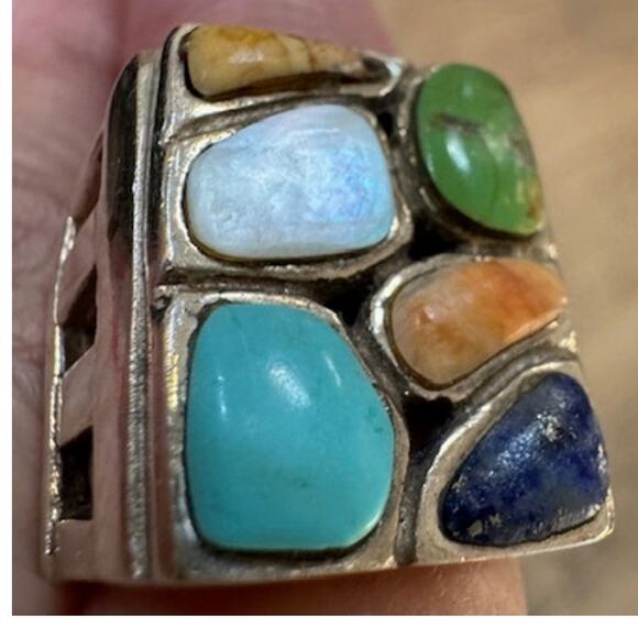 Sterling Silver 925 Southwest Multi Gemstone Cobblestone Ring 7 - Picture 1 of 8